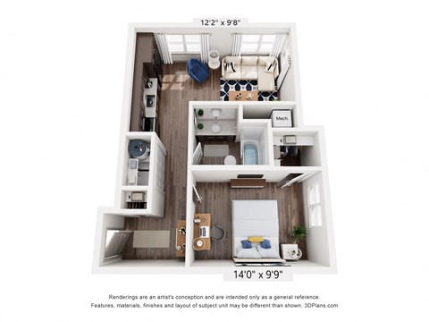 Floor plan for 1 bed, 1 bath, 618 sqft